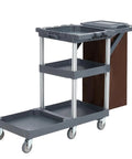 Built Different Heavy Duty Three Shelf Janitorial Cart With Roller Wheels And Secure Protective Cover includes a brown storage bag.