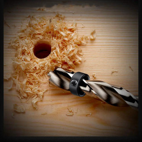 Drill Stop Bit Collar Set With Allen Wrench For Tight Precise Drilling Seven Piece Kit in wooden block with drilled hole and wood shavings