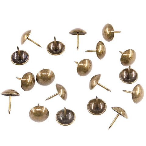 Top Shelf Antique Bronze Upholstery Tacks, Heavy Duty Furniture Nails And Thumb Pins For Diy Woodcraft And Living Room Makeover, Built Tough Hella Durable Metal Push Hardware, assorted tacks on white background.