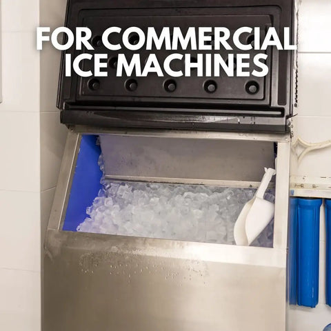 Commercial ice machine filled with ice cubes with text 'For Commercial Ice Machines' on top.
