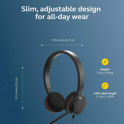 Evolve 20 Dual-Ear Wired Headset For Office And Work From Home with dimensions and weight details shown on blue background