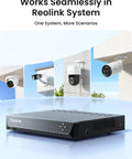 Hardcore 12MP Outdoor PoE Bullet Camera For Legit Home Security Featuring Ultra Sharp Full Color Night Vision Plus Integrated Light Bar To Keep Your Property Defense On Lock Around The Clock Every Single Day mounted on a wall in a Reolink system setup.