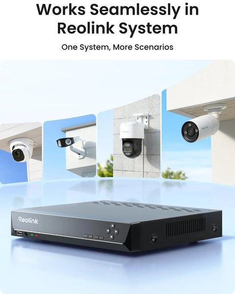 Hardcore 12MP Outdoor PoE Bullet Camera For Legit Home Security Featuring Ultra Sharp Full Color Night Vision Plus Integrated Light Bar To Keep Your Property Defense On Lock Around The Clock Every Single Day mounted on a wall in a Reolink system setup.