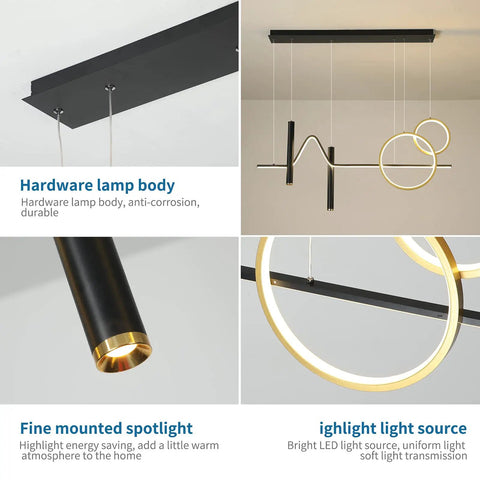 Dope Modern Dimmable Pendant Light With Linear Wave LED Chandelier in black and gold finish, close-up detail views