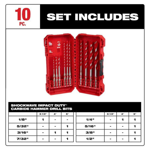 Milwaukee 10-piece Shockwave carbide hammer drill bit set in red case