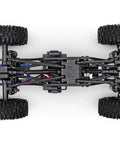 Undercarriage view of Scale And Trail Crawler With 1979 Chevrolet K10 Body In One Eighteen Scale 4x4 Electric Truck chassis and wheels.