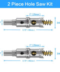 2-piece hole saw kit with 3/4 inch tungsten carbide tipped cutters and titanium-plated pilot bits