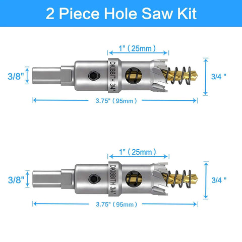 2-piece hole saw kit with 3/4 inch tungsten carbide tipped cutters and titanium-plated pilot bits