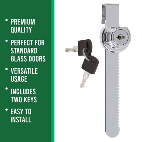 Sliding Glass Door Ratchet Lock With Chrome Finish For Cabinets And Display Showcases shown with two keys