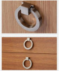 6 Pack Brushed Nickel Ring Drawer Pulls Stainless Steel Cabinet Handles for Kitchen Cabinets, Wardrobes and Furniture, installed on wood.