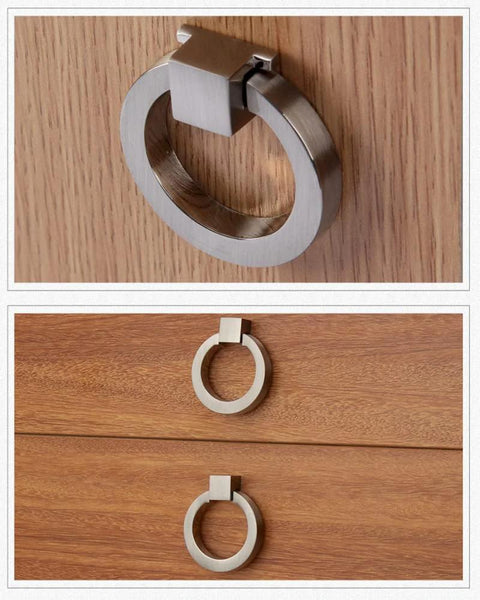 6 Pack Brushed Nickel Ring Drawer Pulls Stainless Steel Cabinet Handles for Kitchen Cabinets, Wardrobes and Furniture, installed on wood.