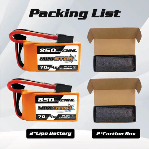 4S 850mAh 14.8V 70C LiPo Battery With XT60 Plug For RC Airplanes Helis Quadcopters FPV Racing Drones Two Pack High Discharge Fast Charge Long Cycle Life Perfect Power For Hobby Flyers, two batteries and boxes
