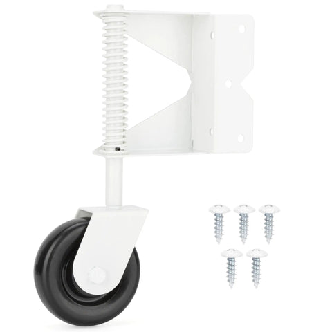 Rock Solid Heavy Duty Gate Wheel Caster With Four Inch Swivel Design, spring loaded auto leveler with black wheel and screws.