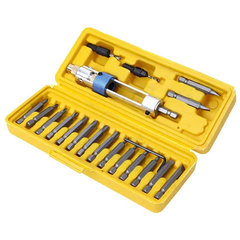 20Pcs Quick Change Drill Bit Set With Swivel Head Driver And Flip Drive, HSS High Speed Steel Bits in yellow box open view