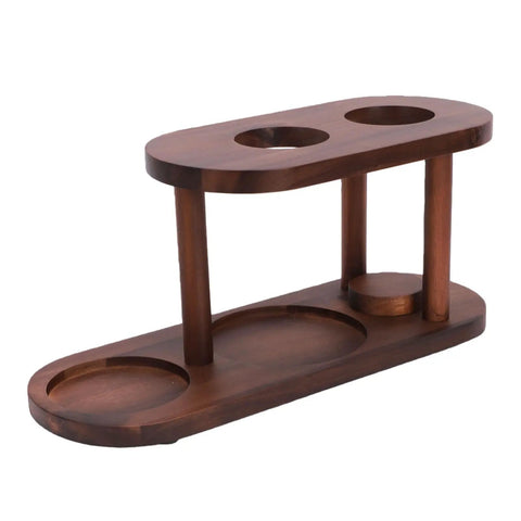 Solid Wood Pour Over Coffee Station And Dripper Stand For Kitchen Countertop With Natural Wood Grain Drip Brewer Rack side view.