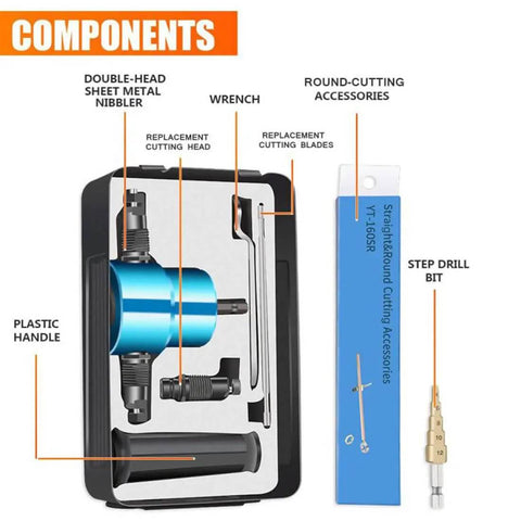 Components of Double Head Sheet Nibbler Metal Cutter For 14 Gauge Steel with plastic handle, wrench, and step drill bit.