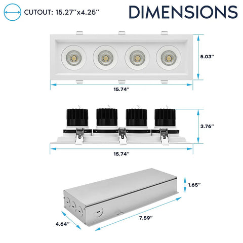 Dimensions of Sleek Quad Head Recessed LED Spotlight With Fully Adjustable 360 Degree Gimbal And 15 Degree Tilt, 5CCT Tuning From Cozy To Crisp, Super Bright 60W 4000 Lumens CRI90.