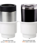 All Weather Boat Cup Holder Set With Drain Insert White Four Pack holding stainless steel and black tumbler cups.