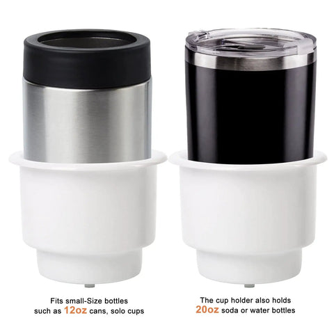All Weather Boat Cup Holder Set With Drain Insert White Four Pack holding stainless steel and black tumbler cups.