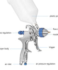 Close-up of Top Shelf Aluminum Alloy Pneumatic Paint Sprayer with 1.4mm Nozzle, showing trigger, nozzle, and flow regulation features.