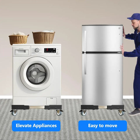 KUPAPO Adjustable Appliance Dolly Cart With Locking Wheels For Mini Fridge Portable Washer Dryer Universal Mobile Roller Stand Strong Stainless Steel Construction Heavy Duty Moving Helper Black with a portable washer and fridge.