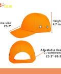Five Pack Reflective Bump Cap Hard Hat With Breathable Lightweight Safety Cap For Men And Women Adjustable Size With Hook And Loop Twill Neon Orange High Visibility shown in detail with measurements.