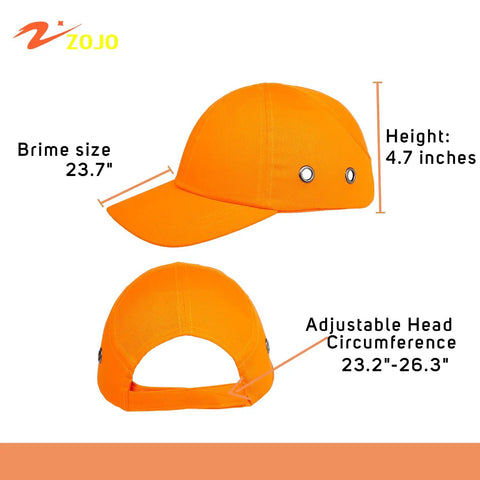 Five Pack Reflective Bump Cap Hard Hat With Breathable Lightweight Safety Cap For Men And Women Adjustable Size With Hook And Loop Twill Neon Orange High Visibility shown in detail with measurements.