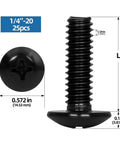 Go-To Heavy Duty 1/4-20 x 1/2 Inch Truss Head Machine Screws Full Thread In 304 Stainless Steel With Black Finish, 25 Pack