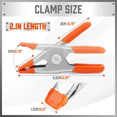 10 Piece 2 Inch Spring Clamp Set, Nickel Plated Steel, 0.78 Inch Jaw Opening, ergonomic handle shown in size diagram