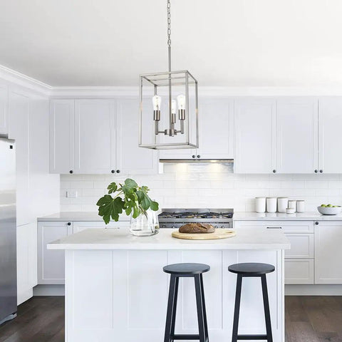 Three Light Brushed Nickel Chandelier Pendant Lighting With Industrial Metal Cage Modern Ceiling Fixture in kitchen