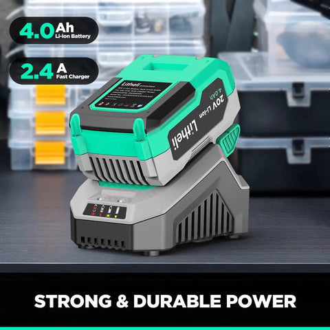 Cordless Heat Gun Kit With 20V Battery Handy Hot Air Gun Three Temperature Settings Up To 932F Two Nozzles showing battery and charger
