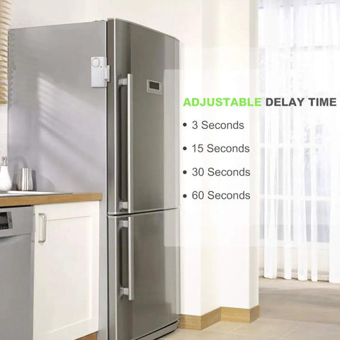 Freezer Door Alarm With Adjustable Delay For Doors Left Open Wireless Refrigerator Alert installed on silver fridge