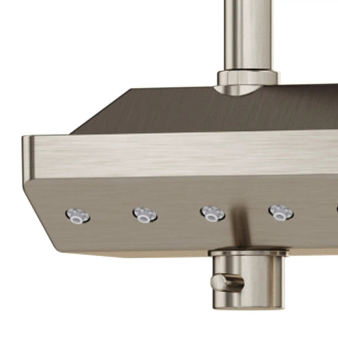 Air Powered AquaPower Shower System With 11 Inch Rain Showerhead in brushed nickel, close-up of surface-mounted angle.