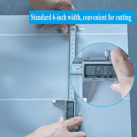 Hands measuring PVC Shower Pan Liner 30 Mil Thick In Grey with a caliper showing 6-inch width for easy cutting guidelines.