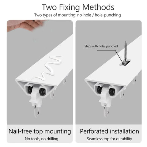 Invisible Ultra Thin Ceiling Curtain Track With Aluminum Rail And Hooks, Silent No Drill Single Curtain Rod For Living Room Bedroom Balcony And Hospital Use, 1.2m Black showing two fixing methods