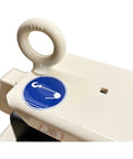 Rugged No Fuss 18 Inch Electric Walk Behind Saw Equipped With A Game Changing Five Horsepower Motor For Clean Down Cutting Up To Six And Three Quarters Inches showing a safety hook and label.