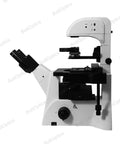 Inverted Fluorescence Microscope 100X-400X, Trinocular With Halogen Lighting, side view, white lab unit with black stage