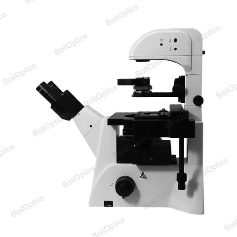 Inverted Fluorescence Microscope 100X-400X, Trinocular With Halogen Lighting, side view, white lab unit with black stage