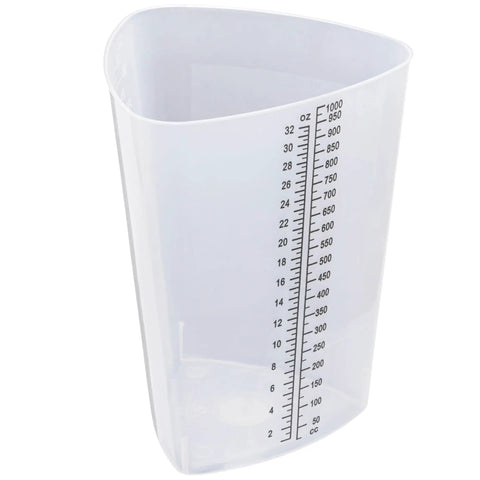 32 Oz Graduated Triangular Intake Output Containers, Plastic, 5 Pack For Precise Urine Output And Lab Measurements, Clear Beakers With Oz And CC Markings, Durable Bulk Pack. clear triangular 32 oz plastic beaker with graduated oz and cc markings