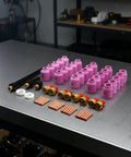 58-Piece Luwecf TIG Consumables Kit For Your Torch with pink alumina cups, brass bodies, and copper tips for WP9, WP20, WP25 guns.