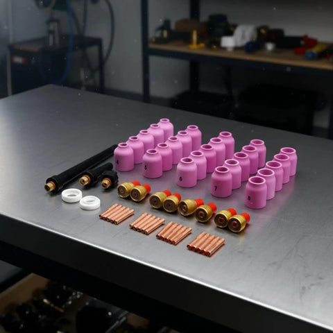 58-Piece Luwecf TIG Consumables Kit For Your Torch with pink alumina cups, brass bodies, and copper tips for WP9, WP20, WP25 guns.
