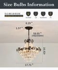 Black Crystal Chandelier With Seven Light Pendant Ceiling Fixture Dimmable E14 Compatible, size and bulb details shown.