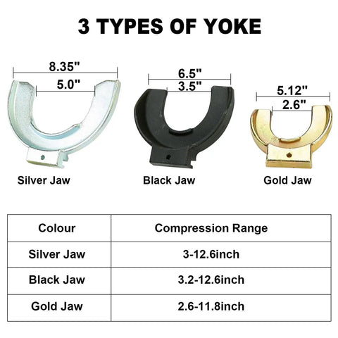 MacPherson Strut Spring Compressor Kit with silver, black, gold jaws, showing dimensions and compression ranges.