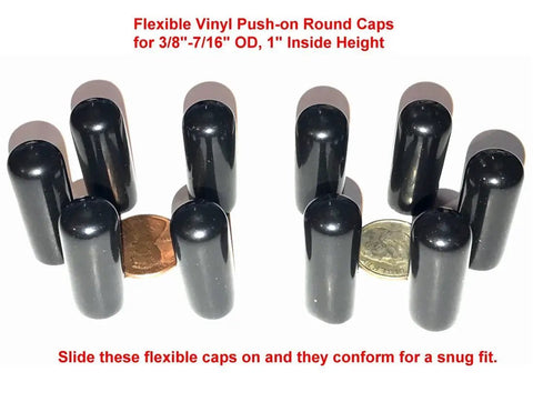 Round Black Vinyl End Caps Pack Of 10 For 3/8 To 7/16 Inch Tubing And Rod OD Flexible Rubber Thread Protector Safety Covers 1 Inch Inside Height Keeps Threads Clean And Edges Safe On Pipes Posts And Tubes on black caps