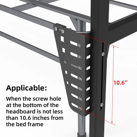 Heavy Duty Adjustable Headboard Brackets With A Lockdown Grip For Metal Platform Bed Frames Smooth Operator Assembly showing 10.6 inch measurement.