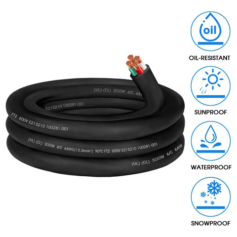 Beefy 6/4 SOOW Cable 6 AWG 4 Conductor Portable Power Wire 600V For Welder Generator And Outdoor Use Water And Oil Resistant UL Listed