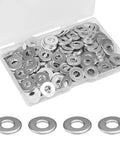 Front view of a clear plastic storage box containing 200 stainless steel flat washers, 1/2 in outer diameter.