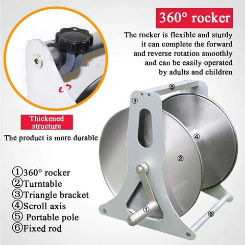 Heavy Duty Stainless Steel Garden Hose Reel Wall Mounted Retractable Anti Kink Water Pipe Holder showing 360° rocker for easy operation.