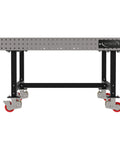 Rock Solid Mobile Welding Fixture Table 60X60X36 with heavy duty locking casters and laser cut grid holes, side view.