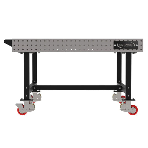 Rock Solid Mobile Welding Fixture Table 60X60X36 with heavy duty locking casters and laser cut grid holes, side view.